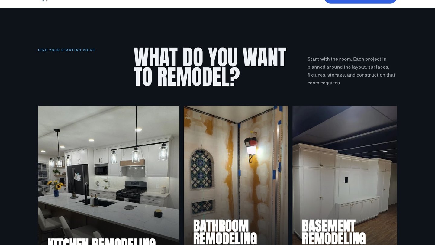 The kitchen, bathroom, and basement project chooser on the new homepage