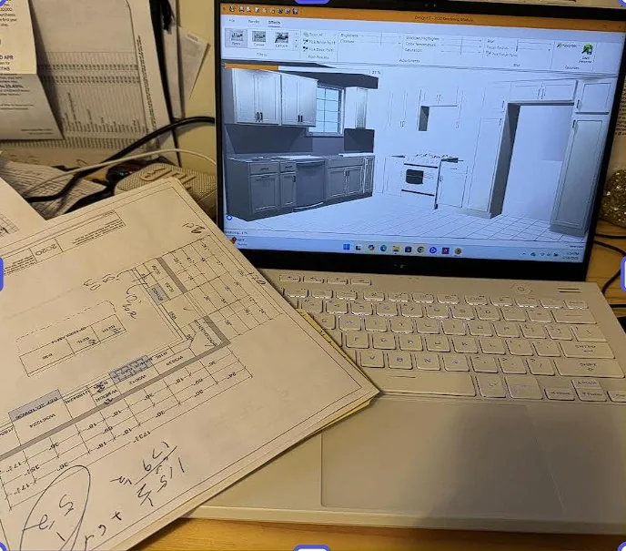 A kitchen laid out in 3D design software next to a printed floor plan